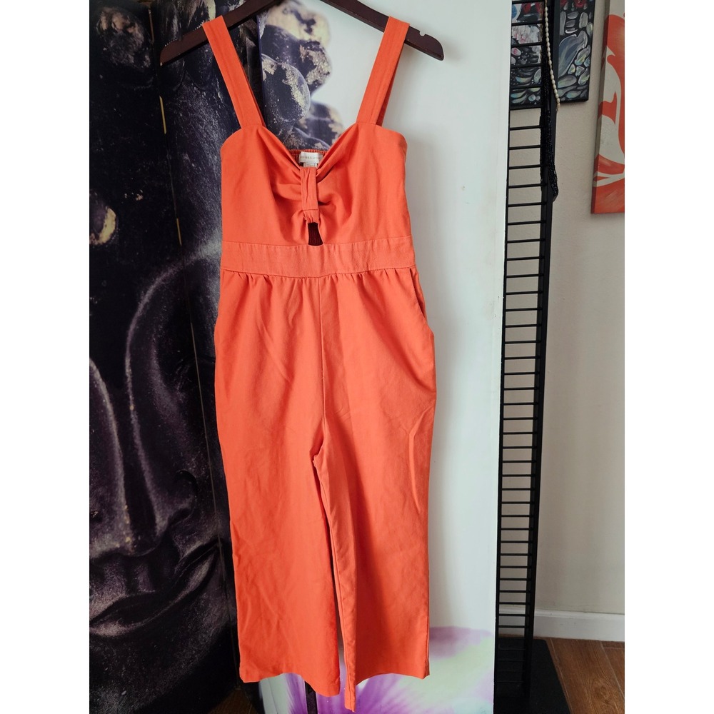 Monteau Los Angeles Orange Wide Leg Cropped Jumpsuit Tie Front Smocked Back M
